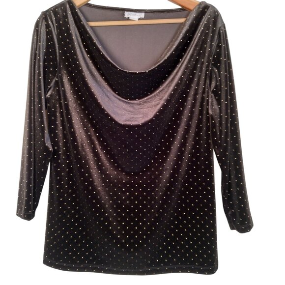 Jacklyn Smith Velour Shirt Women Large Black Gold Studded Draped Neck Stretch - Picture 1 of 10